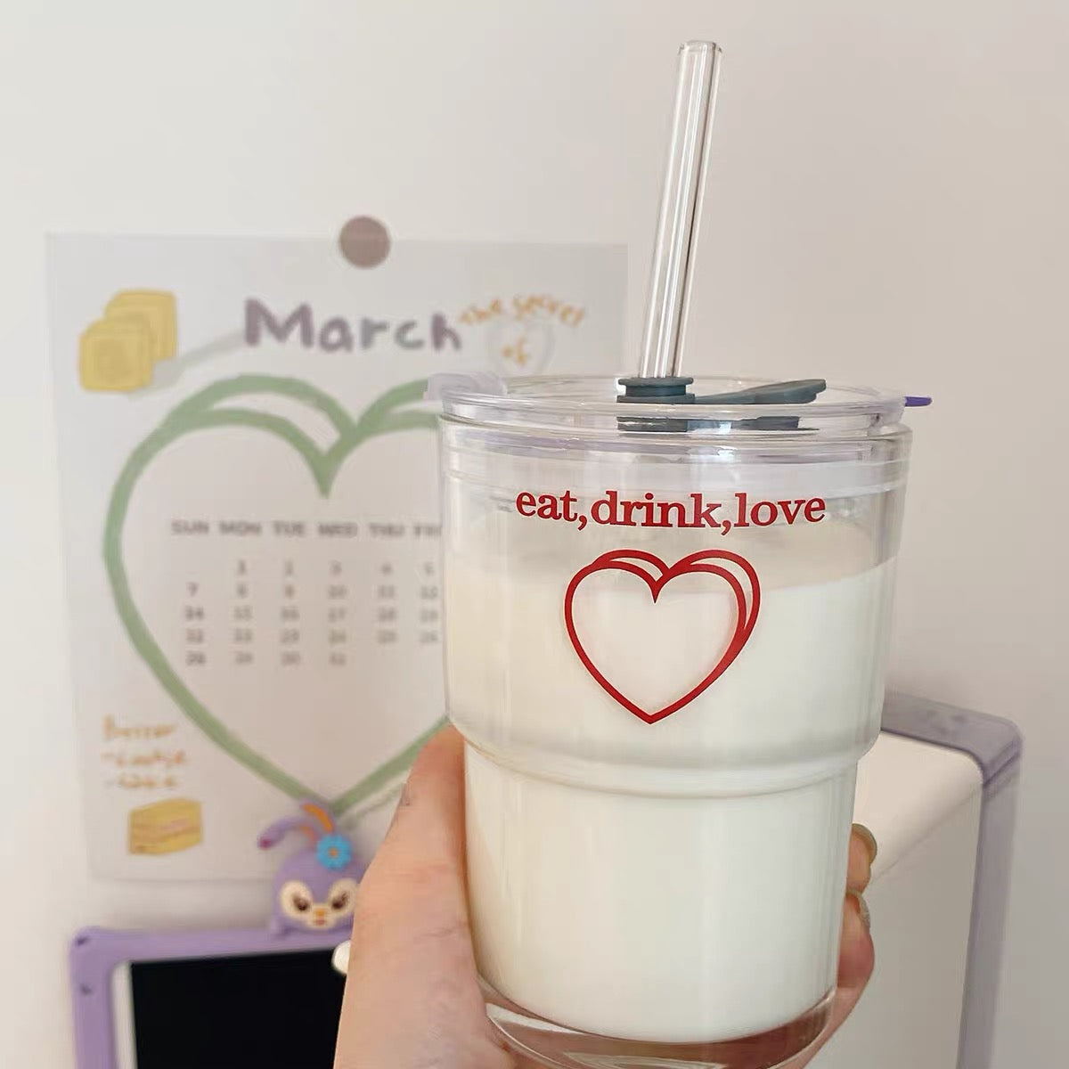 Cute 'Eat, Drink, Love' Printed Korea Style Transparent Coffee Mug with Lid