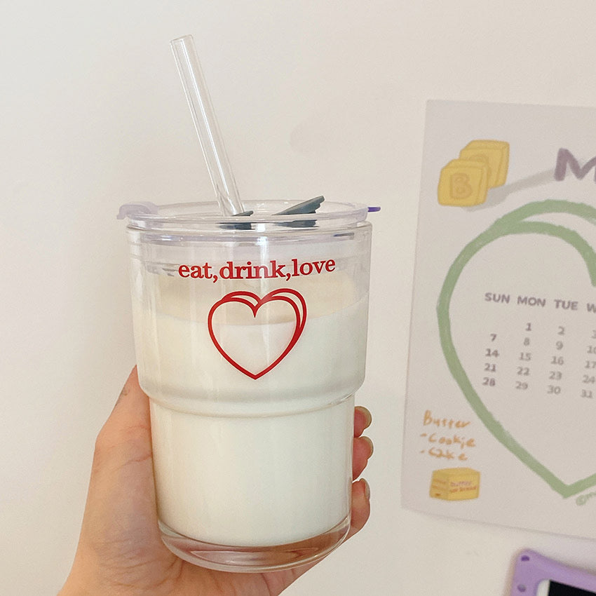 Cute 'Eat, Drink, Love' Printed Korea Style Transparent Coffee Mug with Lid
