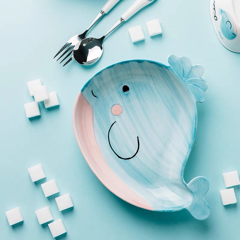 Cute Baby Whale Piggy & Cow Hand Painted Ceramic Plates