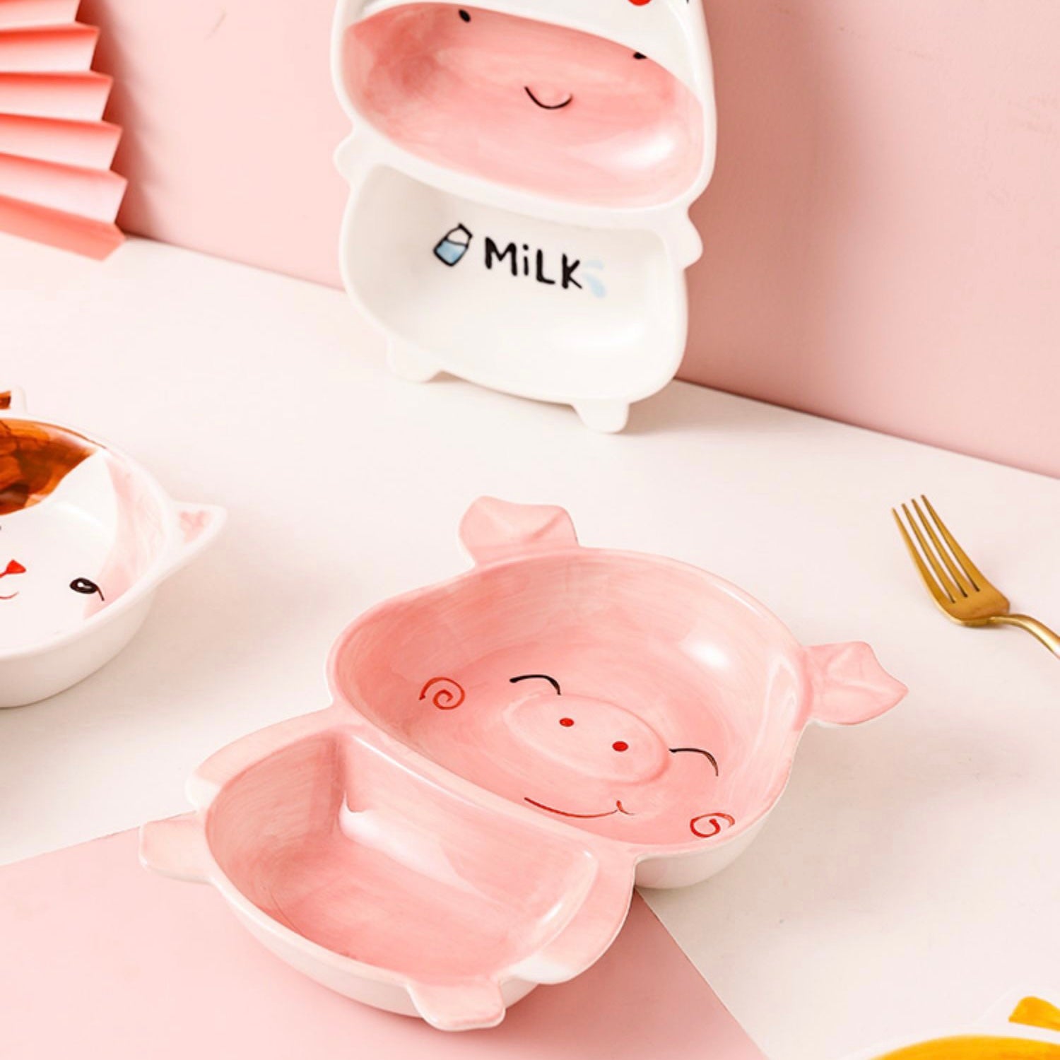 Cute Baby Whale Piggy & Cow Hand Painted Ceramic Plates