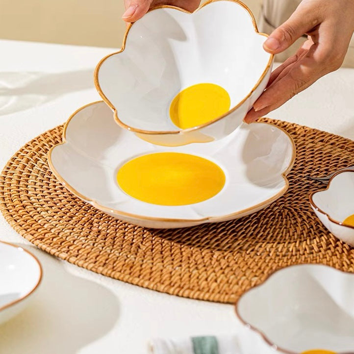 Cute Sunshine Fried Egg Ceramic Bowl & Plate Set