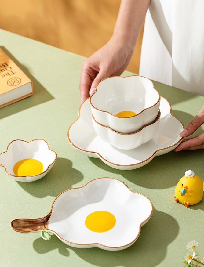 Cute Sunshine Fried Egg Ceramic Bowl & Plate Set