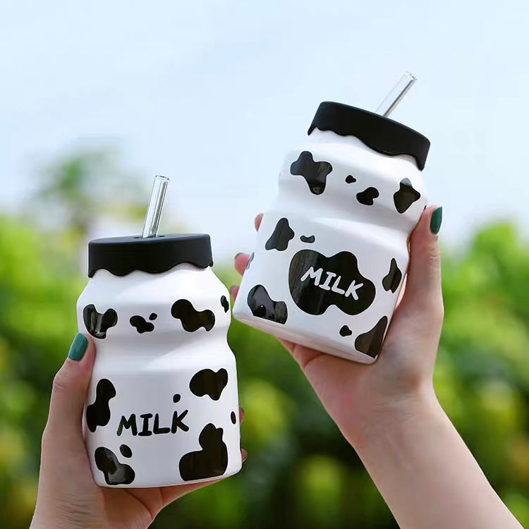 Cute Korean Style Cow Pattern Ceramic Water Bottle with Straw