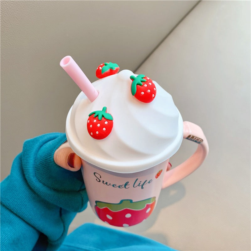 Cute Pink Strawberry Milkshake Ceramic Water Mug with Lid