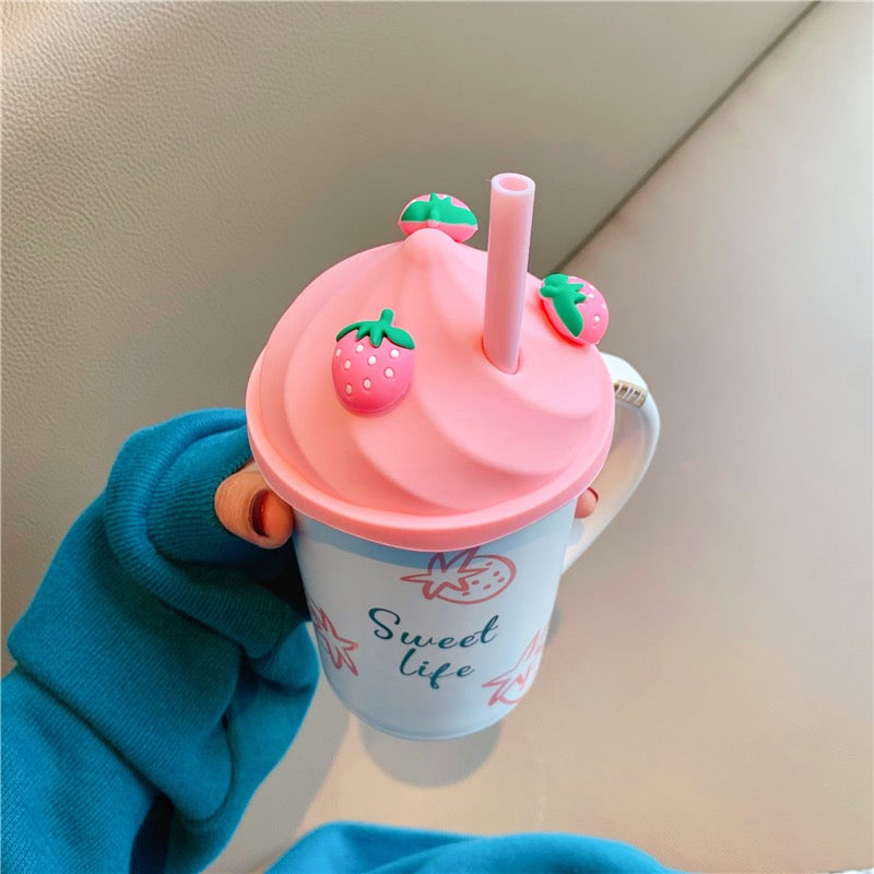 Cute Pink Strawberry Milkshake Ceramic Water Mug with Lid