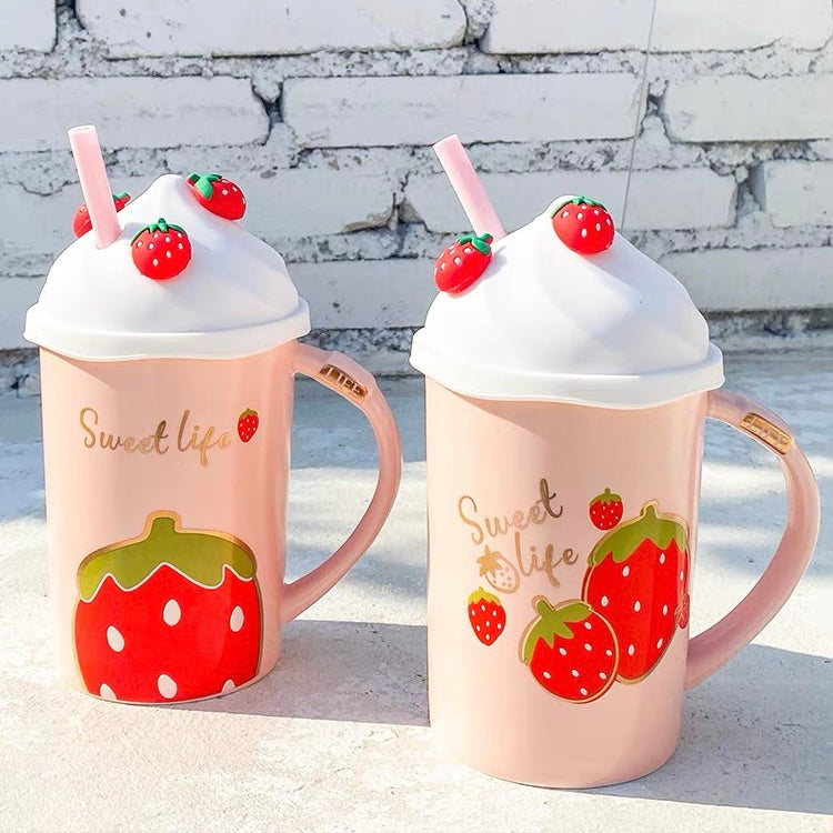 Cute Pink Strawberry Milkshake Ceramic Water Mug with Lid