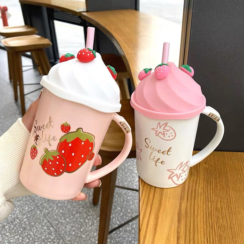 Cute Pink Strawberry Milkshake Ceramic Water Mug with Lid