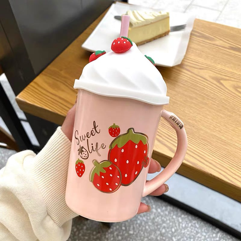 Cute Pink Strawberry Milkshake Ceramic Water Mug with Lid