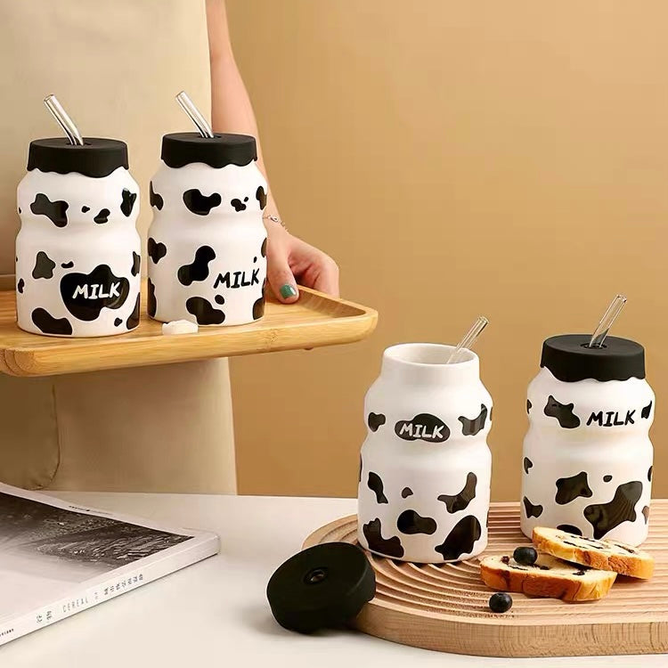 Cute Korean Style Cow Pattern Ceramic Water Bottle with Straw