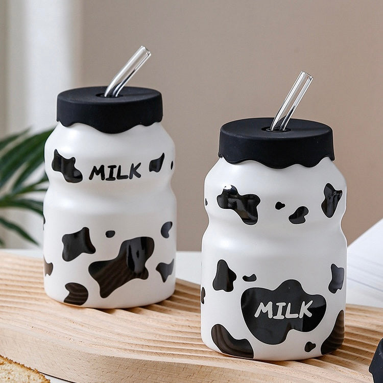 Cute Korean Style Cow Pattern Ceramic Water Bottle with Straw