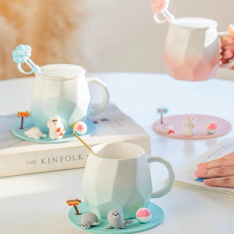 Cute Mini Animals Pastel Gradient Ceramic Office Mug with Lid
