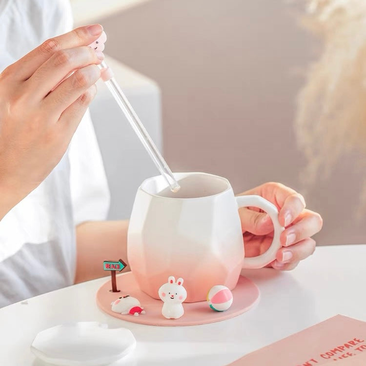 Cute Mini Animals Pastel Gradient Ceramic Office Mug with Lid