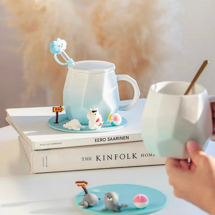 Cute Mini Animals Pastel Gradient Ceramic Office Mug with Lid