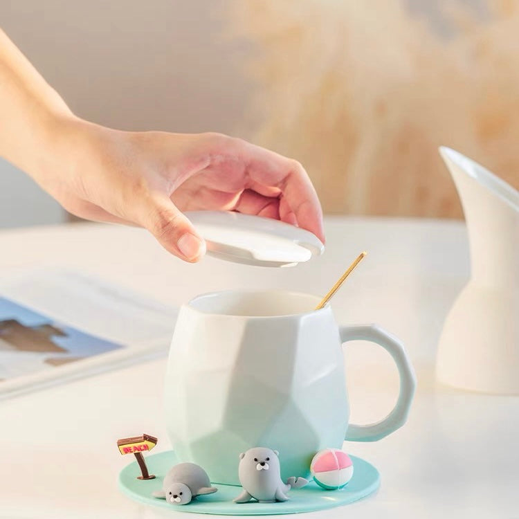 Cute Mini Animals Pastel Gradient Ceramic Office Mug with Lid