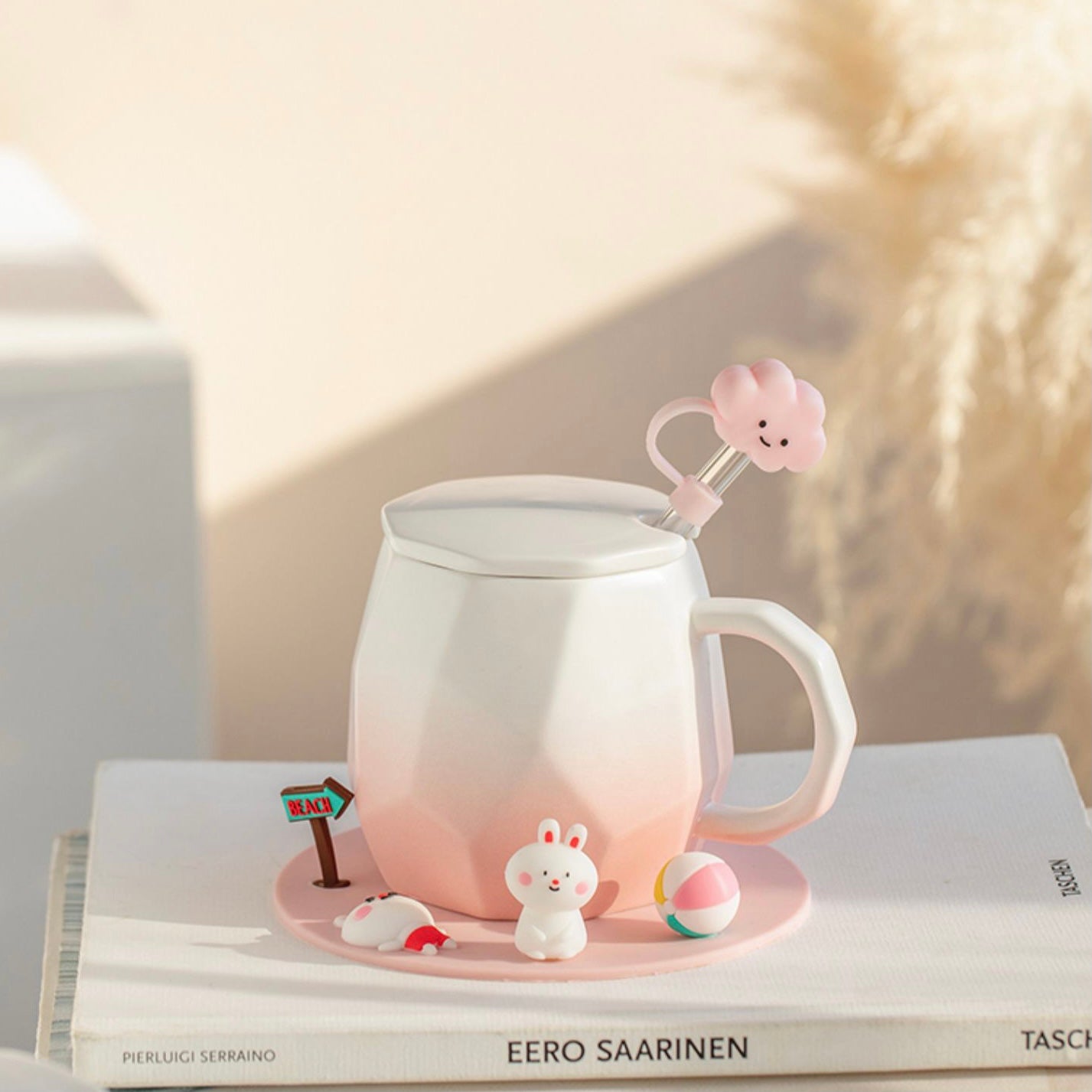 Cute Mini Animals Pastel Gradient Ceramic Office Mug with Lid