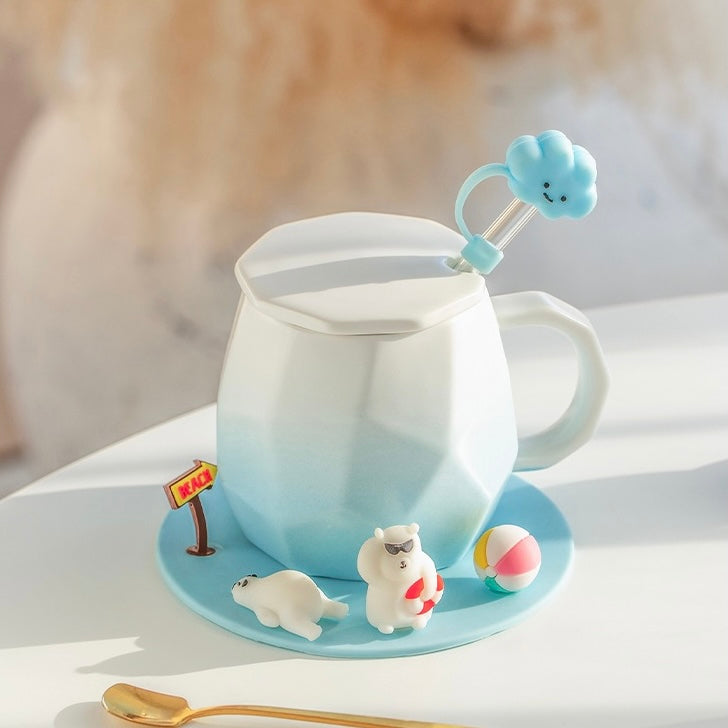 Cute Mini Animals Pastel Gradient Ceramic Office Mug with Lid
