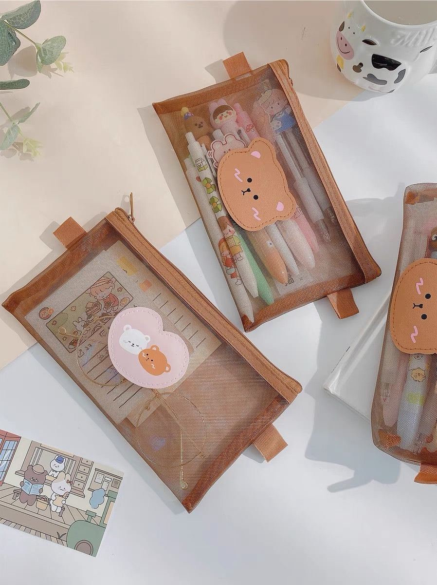 Cute Kawaii Teddy Bear Transparent Mesh Pencil Case