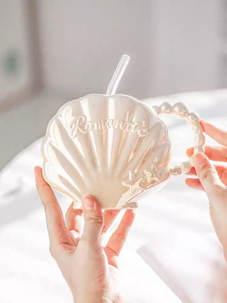 Cute Dreamy Mermaid Shell Pearl Ceramic Cup with Straw