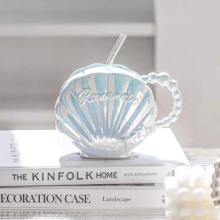 Cute Dreamy Mermaid Shell Pearl Ceramic Cup with Straw
