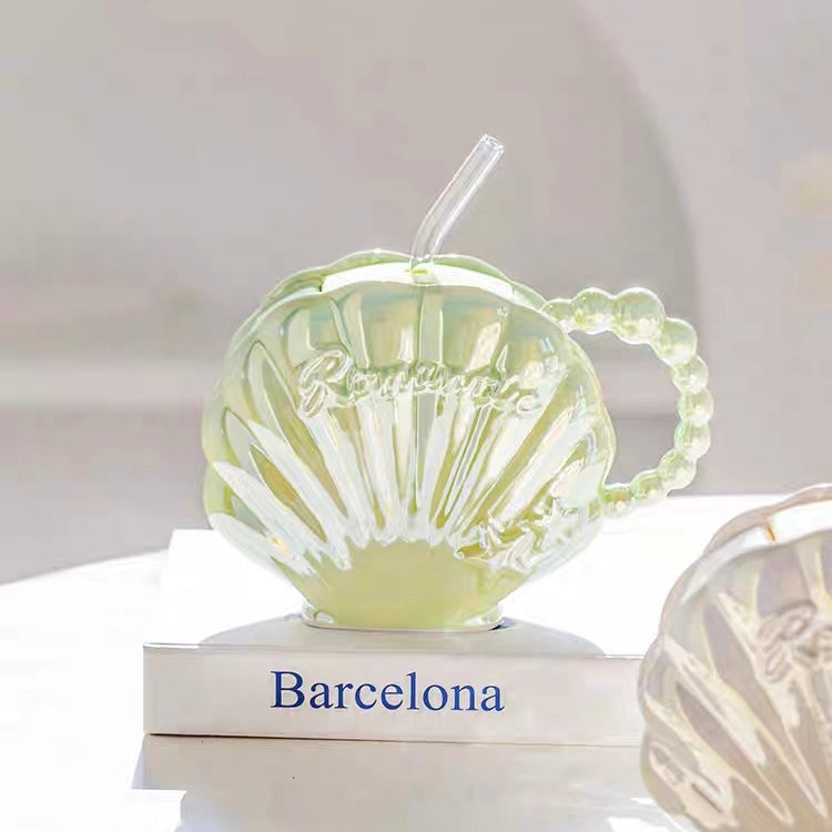 Cute Dreamy Mermaid Shell Pearl Ceramic Cup with Straw