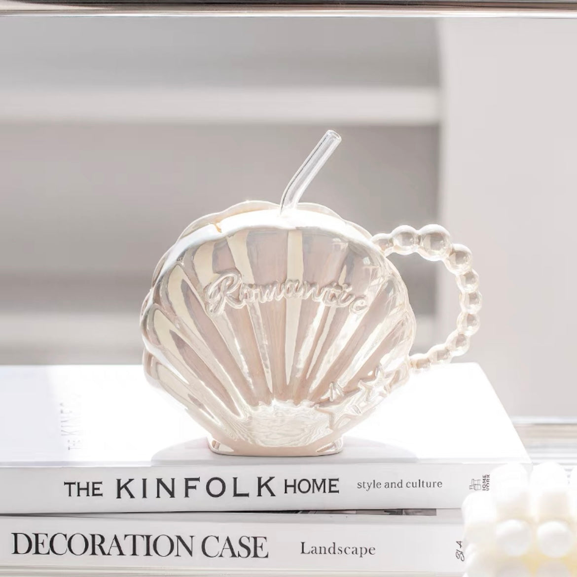 Cute Dreamy Mermaid Shell Pearl Ceramic Cup with Straw