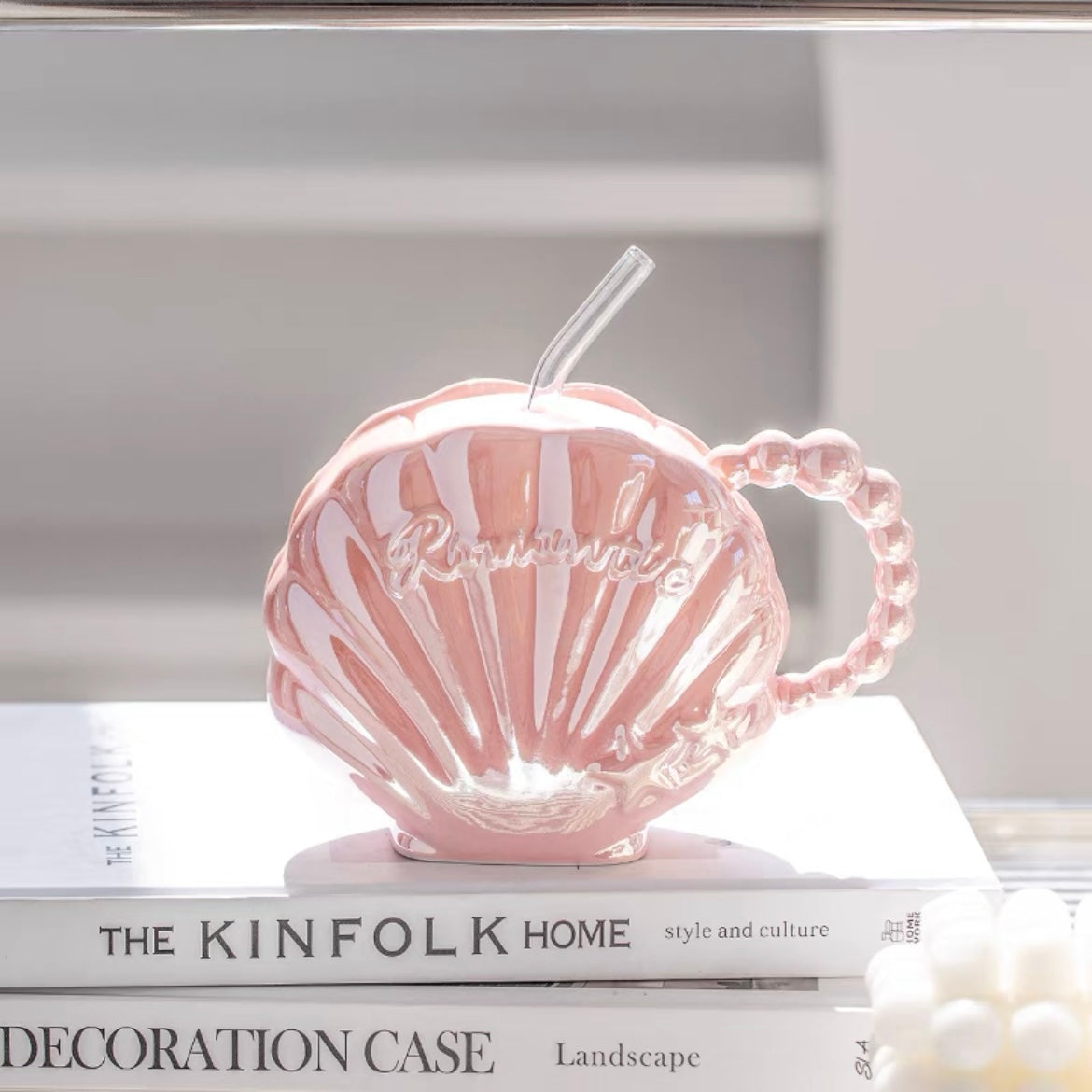 Cute Dreamy Mermaid Shell Pearl Ceramic Cup with Straw