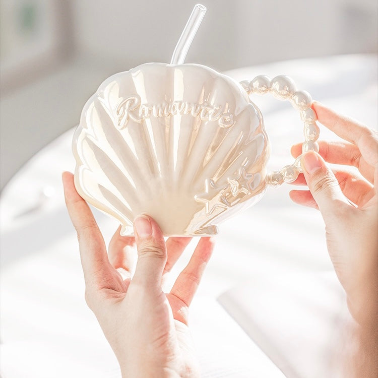 Cute Dreamy Mermaid Shell Pearl Ceramic Cup with Straw