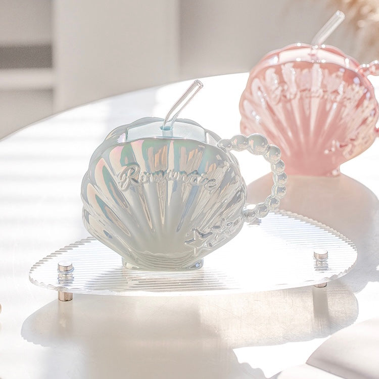 Cute Dreamy Mermaid Shell Pearl Ceramic Cup with Straw