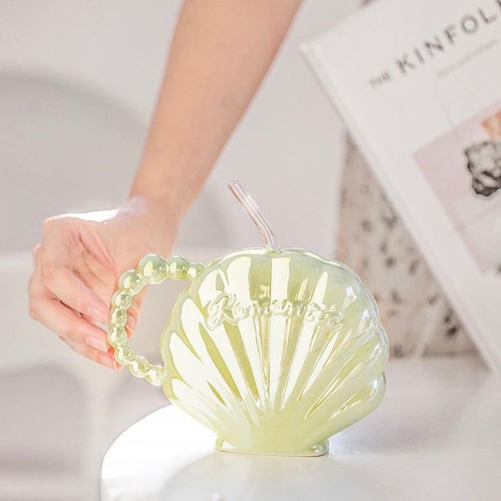 Cute Dreamy Mermaid Shell Pearl Ceramic Cup with Straw