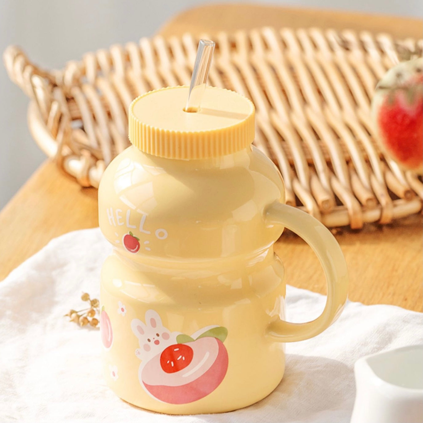 Cute Ceramic Yogurt Drink Mini Fruits Mug Cup with Straw