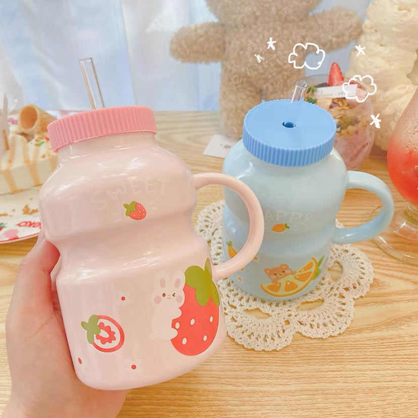 Cute Ceramic Yogurt Drink Mini Fruits Mug Cup with Straw