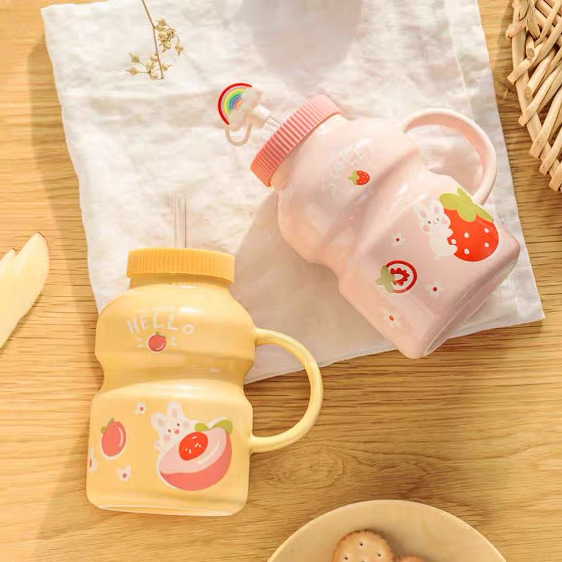 Cute Ceramic Yogurt Drink Mini Fruits Mug Cup with Straw