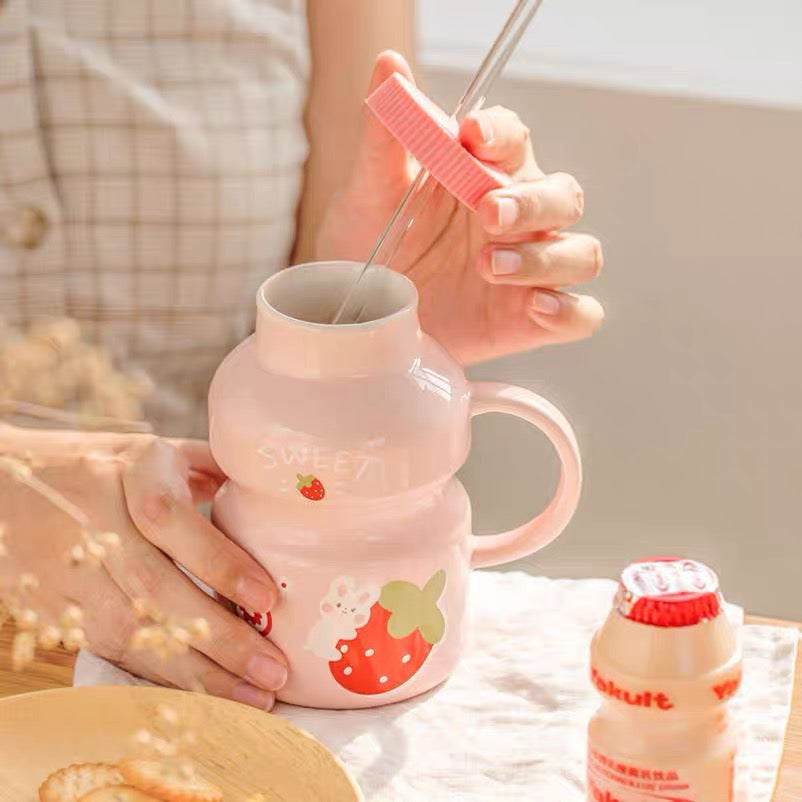 Cute Ceramic Yogurt Drink Mini Fruits Mug Cup with Straw