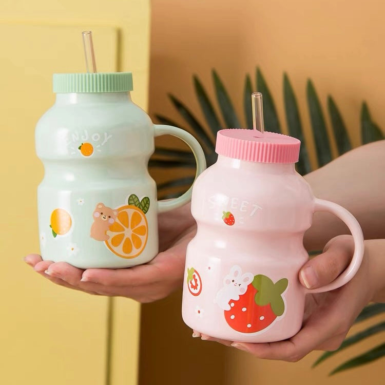 Cute Ceramic Yogurt Drink Mini Fruits Mug Cup with Straw
