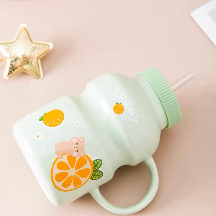 Cute Ceramic Yogurt Drink Mini Fruits Mug Cup with Straw