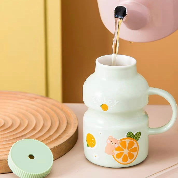 Cute Ceramic Yogurt Drink Mini Fruits Mug Cup with Straw