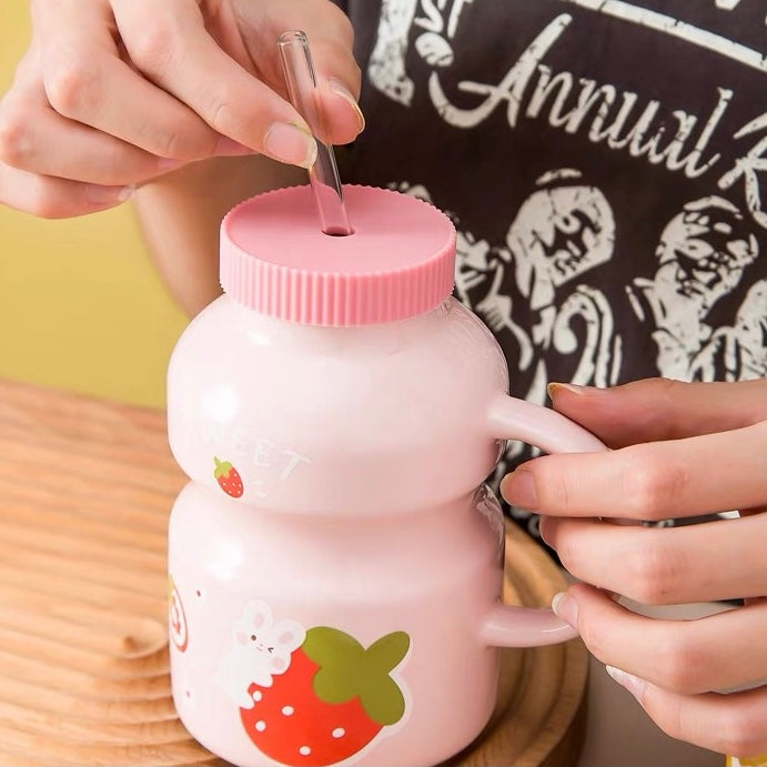Cute Ceramic Yogurt Drink Mini Fruits Mug Cup with Straw