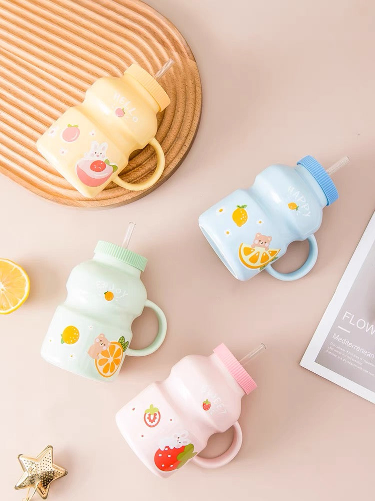 Cute Ceramic Yogurt Drink Mini Fruits Mug Cup with Straw