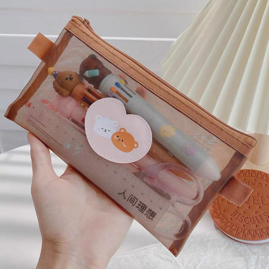 Cute Kawaii Teddy Bear Transparent Mesh Pencil Case