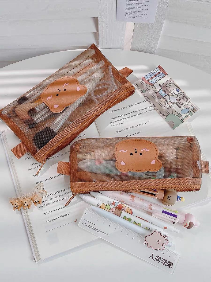 Cute Kawaii Teddy Bear Transparent Mesh Pencil Case