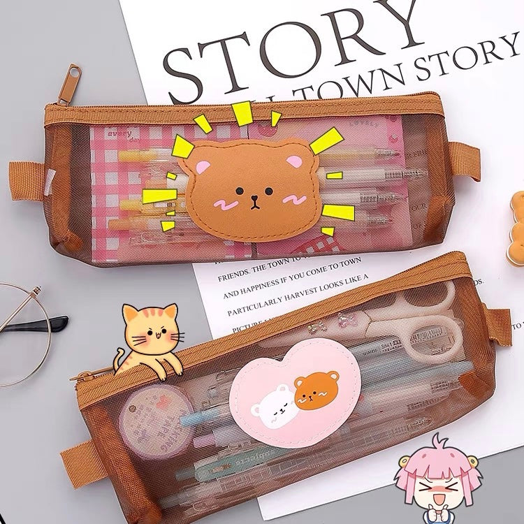 Cute Kawaii Teddy Bear Transparent Mesh Pencil Case