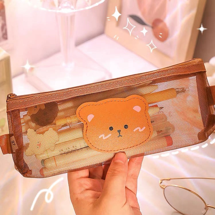 Cute Kawaii Teddy Bear Transparent Mesh Pencil Case