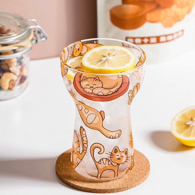 Cute Cat & Piggy Print Transparent Glass Cup