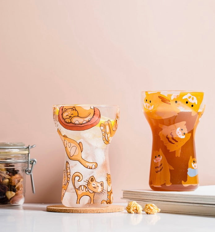 Cute Cat & Piggy Print Transparent Glass Cup