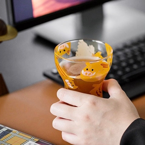 Cute Cat & Piggy Print Transparent Glass Cup