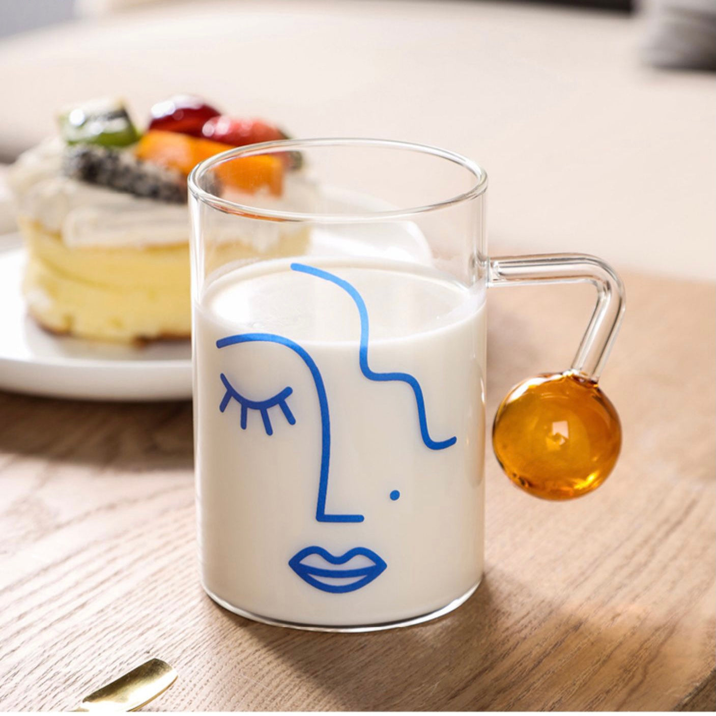 Cute Nordic Style Face Illustration Transparent Breakfast Glass