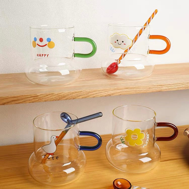Cute Korea Style Illustration Print Pear Shape Transparent Glass Cup