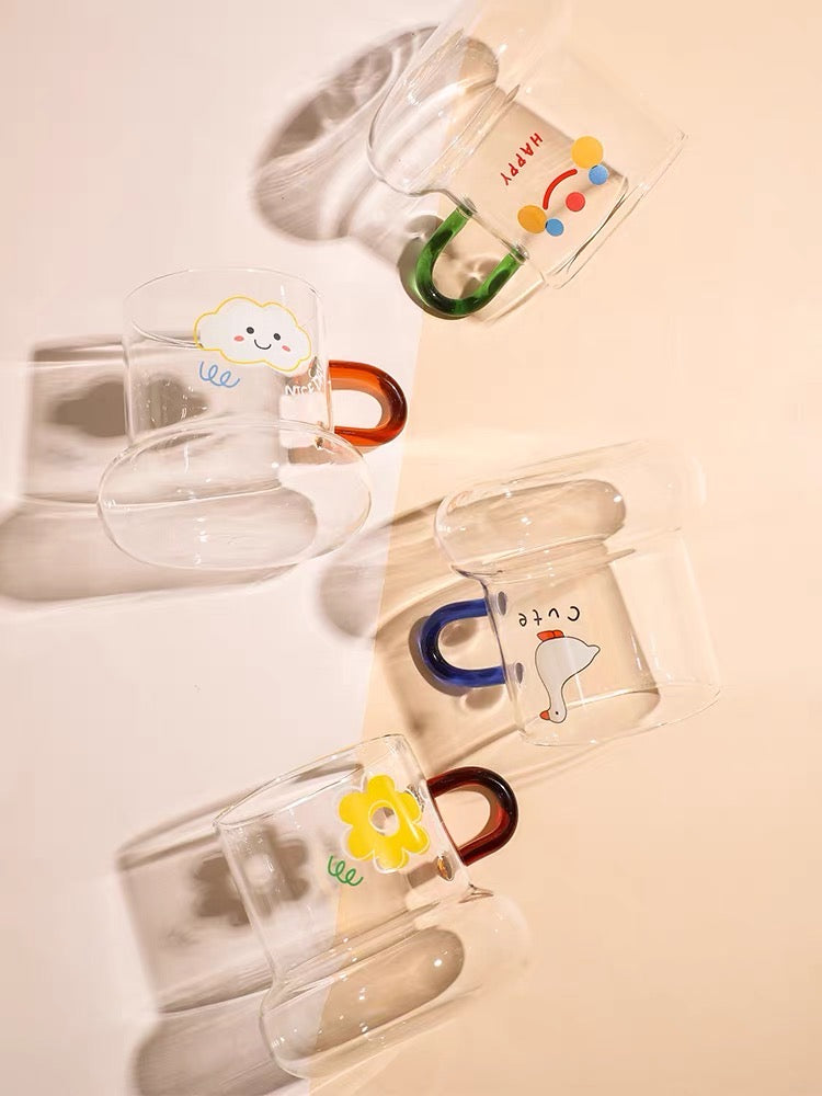 Cute Korea Style Illustration Print Pear Shape Transparent Glass Cup