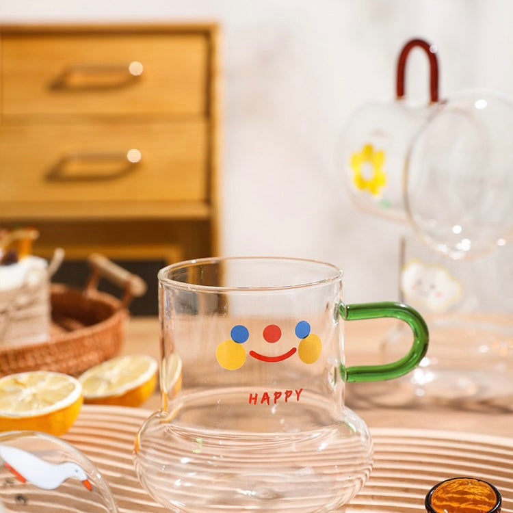 Cute Korea Style Illustration Print Pear Shape Transparent Glass Cup