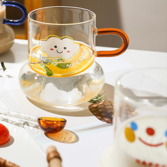 Cute Korea Style Illustration Print Pear Shape Transparent Glass Cup